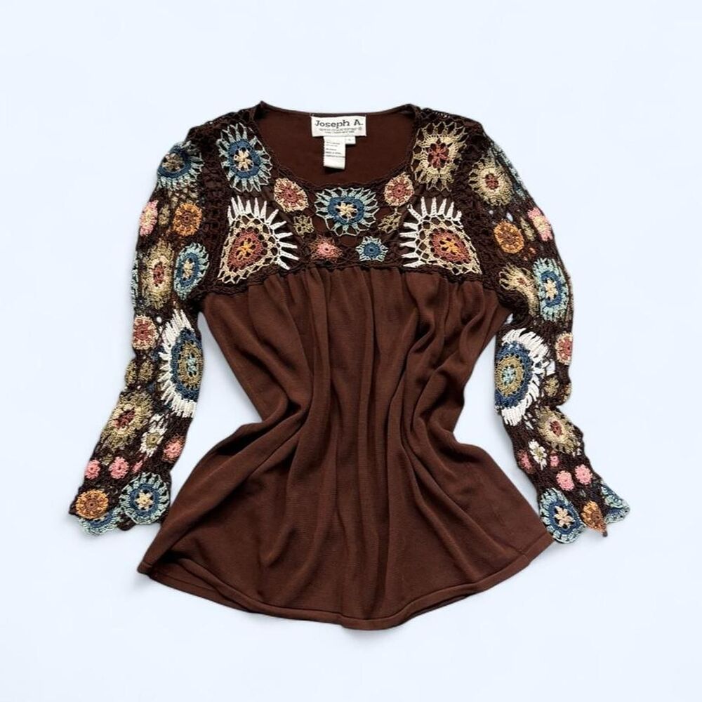 Joseph A. Women's Brown Crochet 3/4 Sleeve Shirt